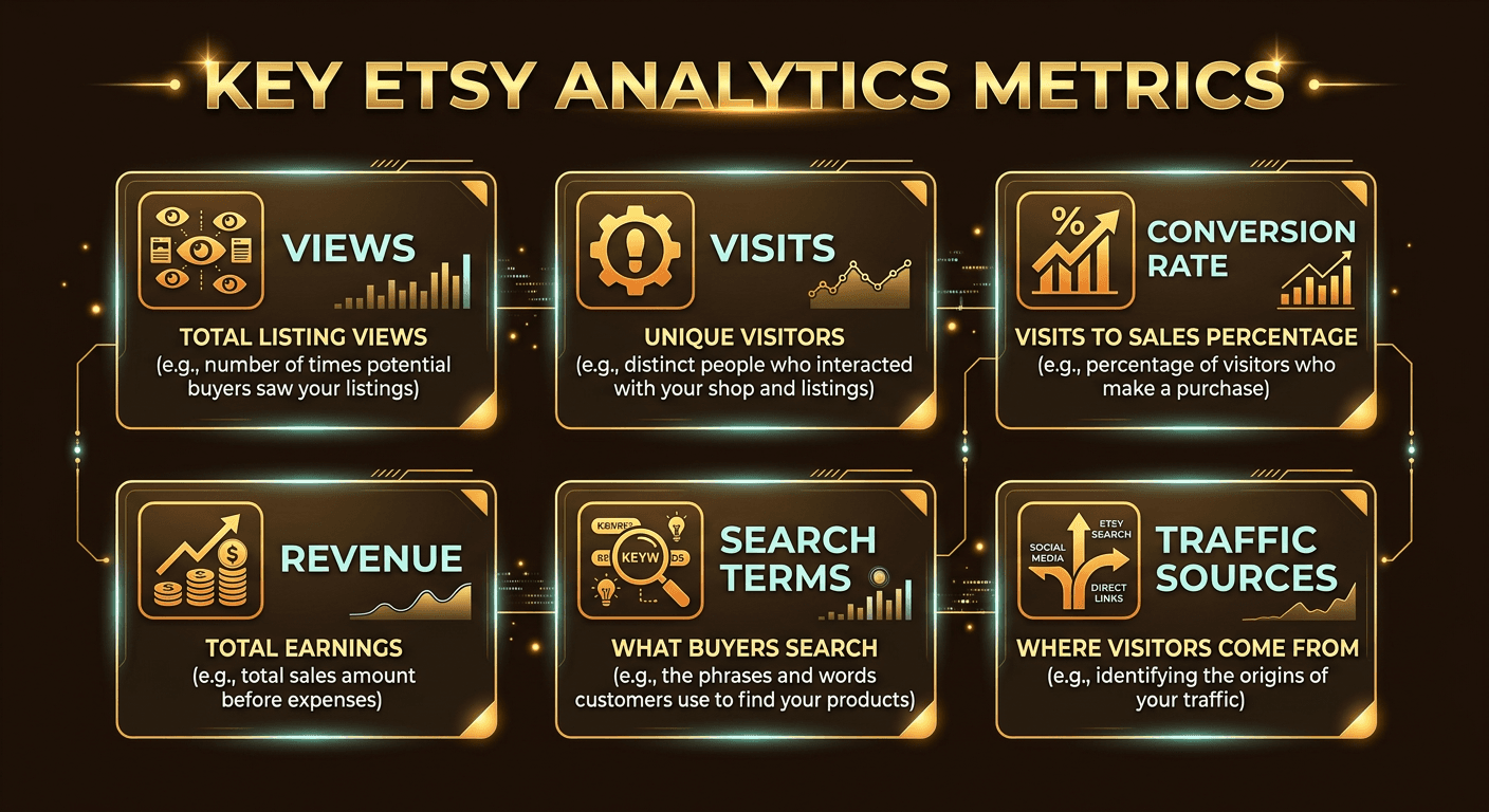 Etsy analytics dashboard showing views, visits, conversion rate, and revenue metrics