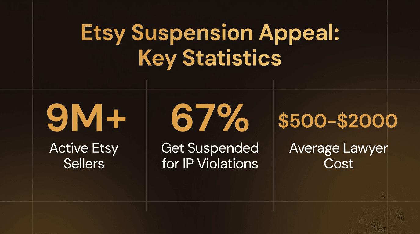 Key statistics: 9M+ Active Etsy Sellers, 67% Get Suspended for IP Violations, $500-$2000 Average Lawyer Cost