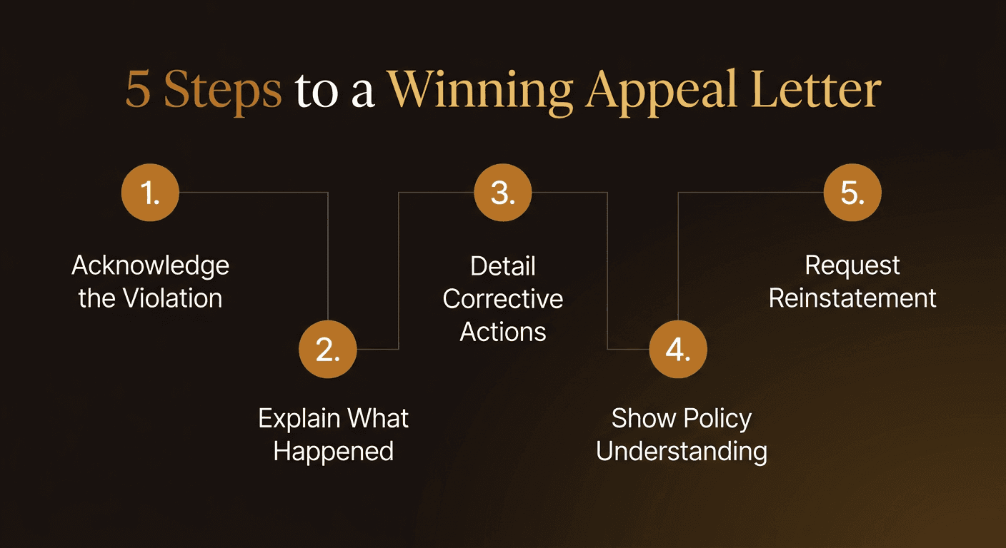 5 steps to a winning appeal letter: 1. Acknowledge the Violation, 2. Explain What Happened, 3. Detail Corrective Actions, 4. Show Policy Understanding, 5. Request Reinstatement