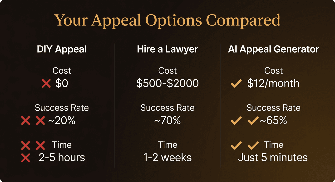 Comparison of appeal options: DIY Appeal ($0, ~20% success, 2-5 hours), Hire a Lawyer ($500-$2000, ~70% success, 1-2 weeks), AI Appeal Generator ($12/month, ~65% success, 5 minutes)