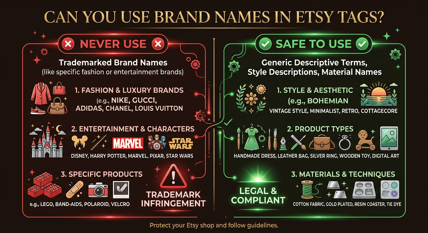 Illustration showing Etsy tags with brand names crossed out and safe generic alternatives highlighted