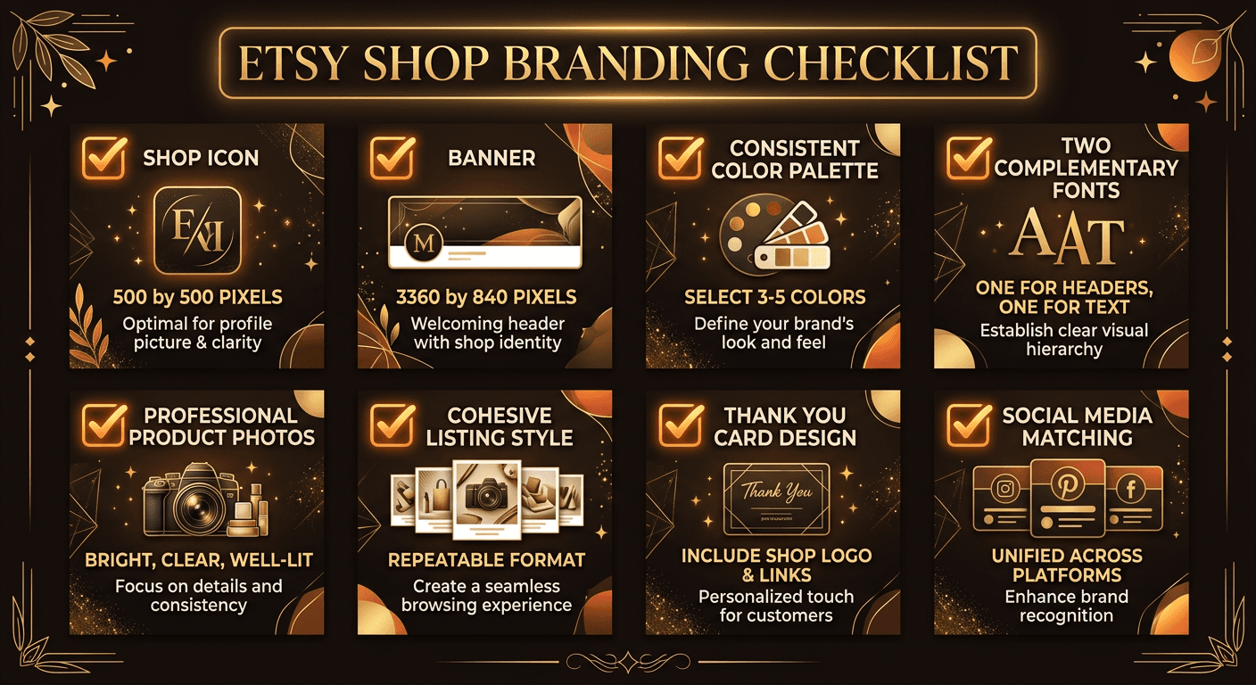 Etsy shop branding checklist showing icon, banner, colors, typography, and packaging elements
