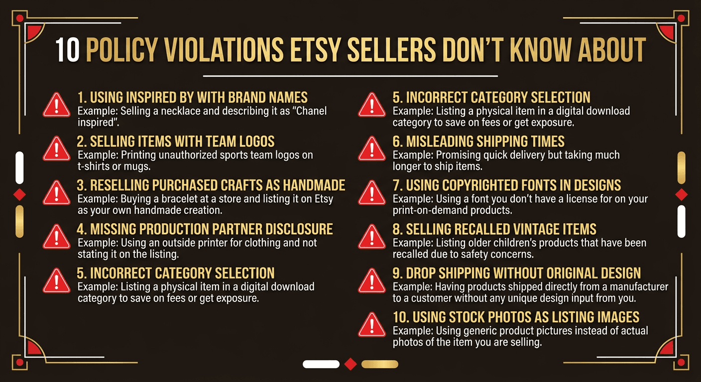 Infographic showing 10 common Etsy policy violations sellers don't know about