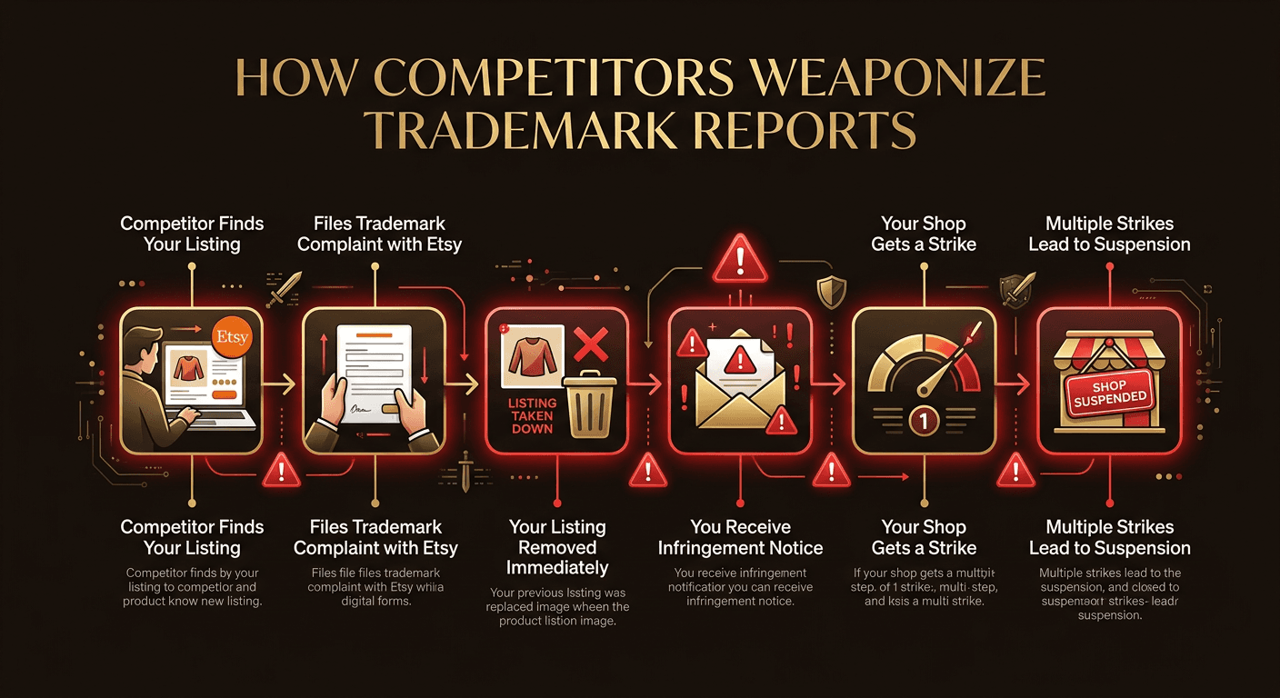 Flow diagram showing how a competitor files a trademark report to get an Etsy listing removed