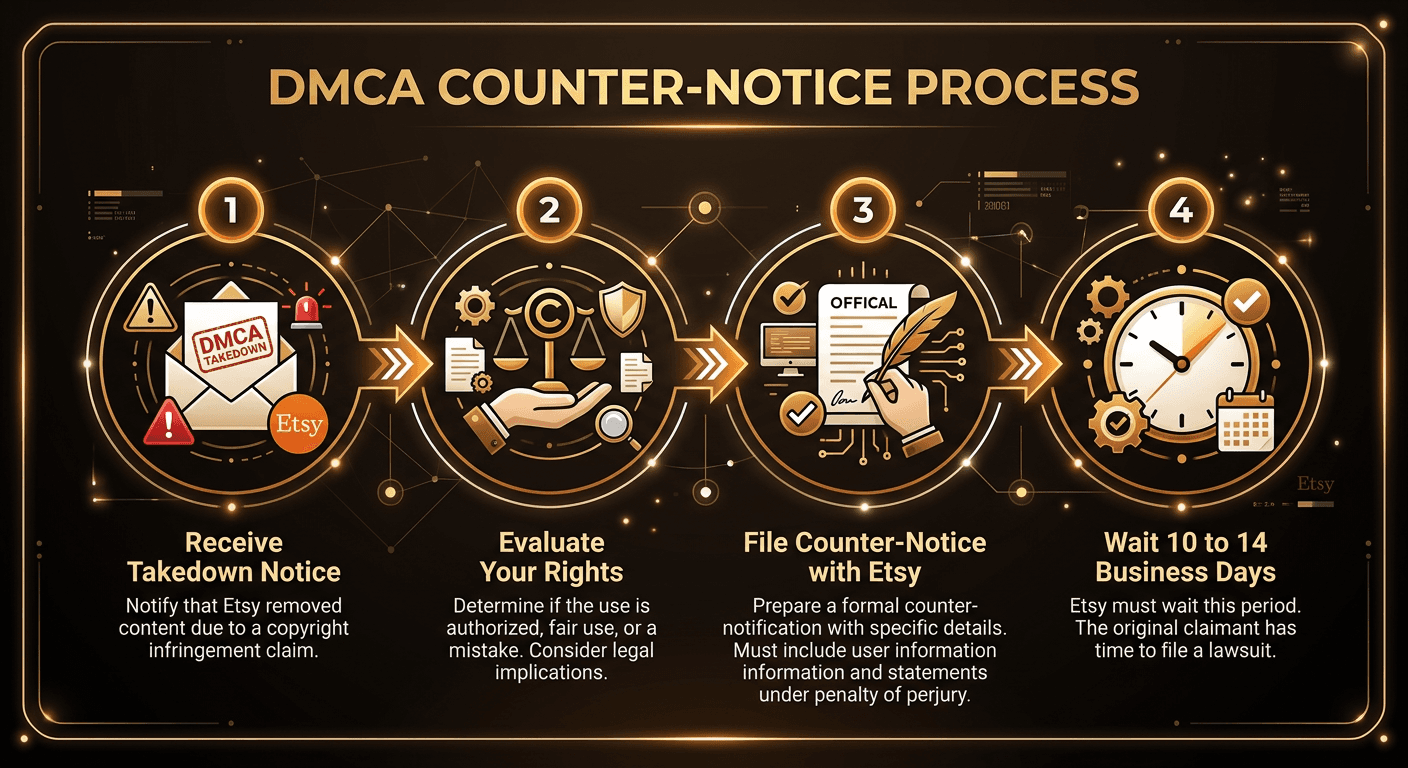 Step-by-step flowchart showing how to file a DMCA counter-notice on Etsy: respond to notification, provide contact info, identify removed listing, state good faith belief, consent to jurisdiction, wait for complainant response