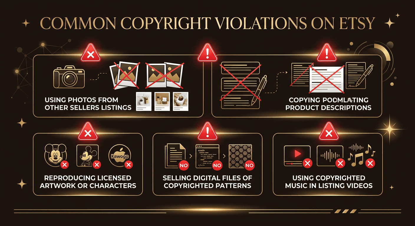 Infographic listing the 5 most common copyright violations on Etsy: using other sellers' photos, copying descriptions, reproducing licensed artwork, selling copyrighted digital files, and using copyrighted music in listing videos
