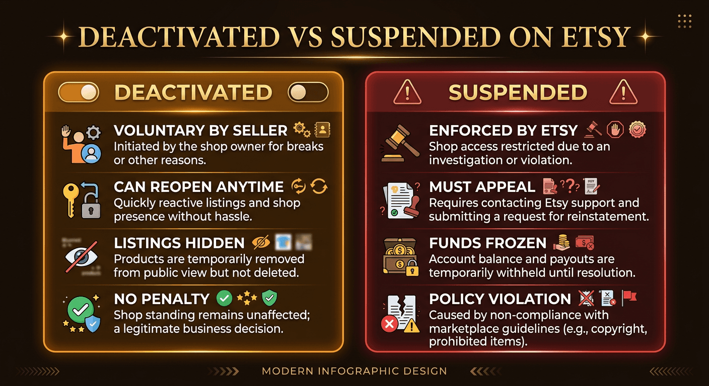 Comparison infographic showing key differences between a deactivated Etsy shop and a suspended Etsy shop across categories like who initiates, fund access, listings, and recovery path