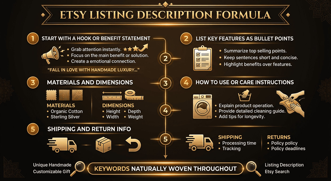 Etsy listing description formula showing hook, features, details, and call to action sections