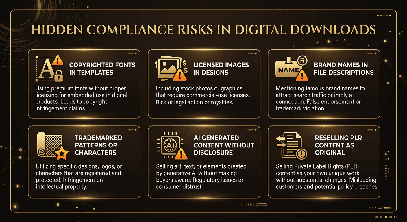 Digital downloads compliance risks overview showing font licensing, image rights, AI disclosure, and PLR policy concerns for Etsy sellers