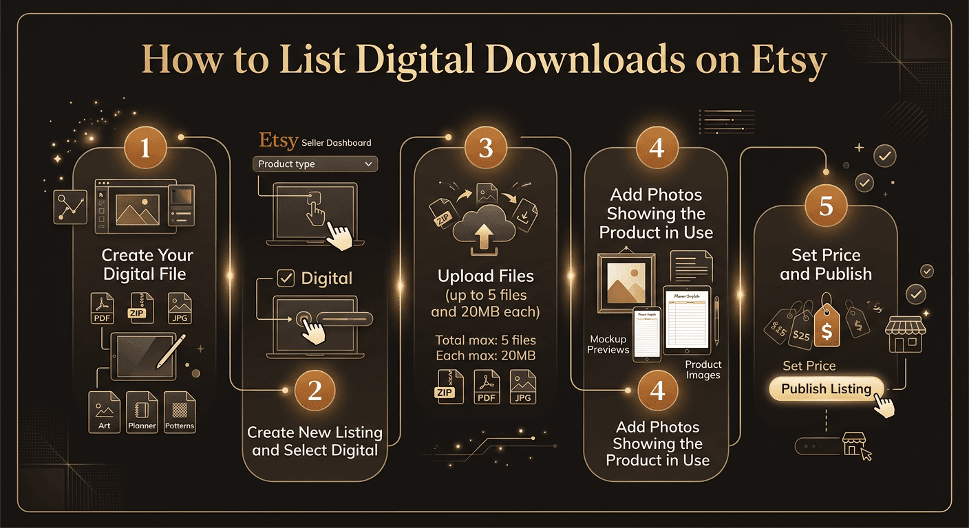 Step-by-step process for listing digital downloads on Etsy showing the listing creation flow