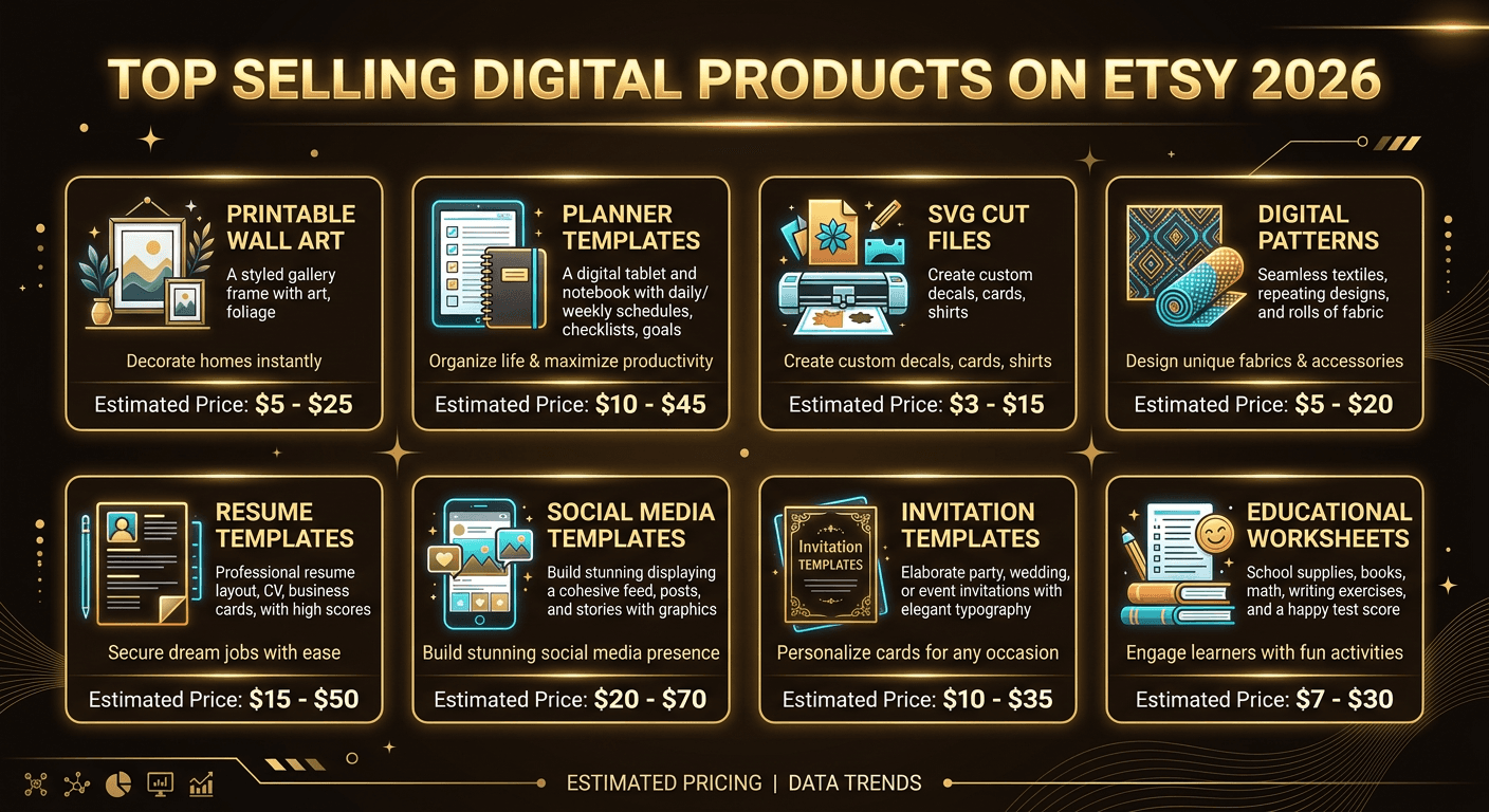 Top selling digital product categories on Etsy in 2026 including printable wall art, planners, SVG cut files, and templates