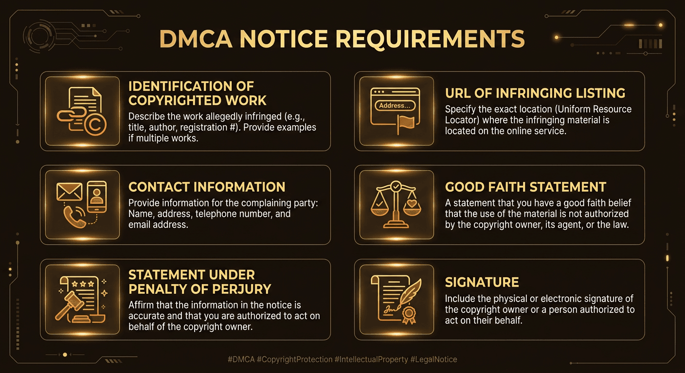 Six elements required for a valid DMCA takedown notice