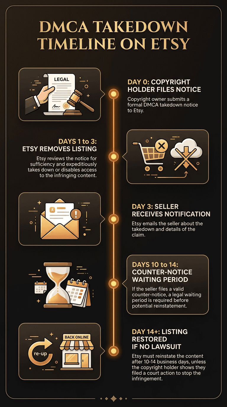 DMCA takedown process timeline on Etsy showing each step from filing to resolution