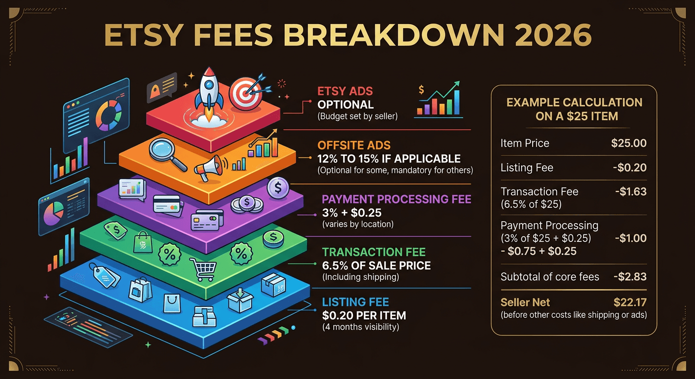 Visual breakdown of all Etsy seller fees in 2026 including listing fees, transaction fees, payment processing, and offsite ads