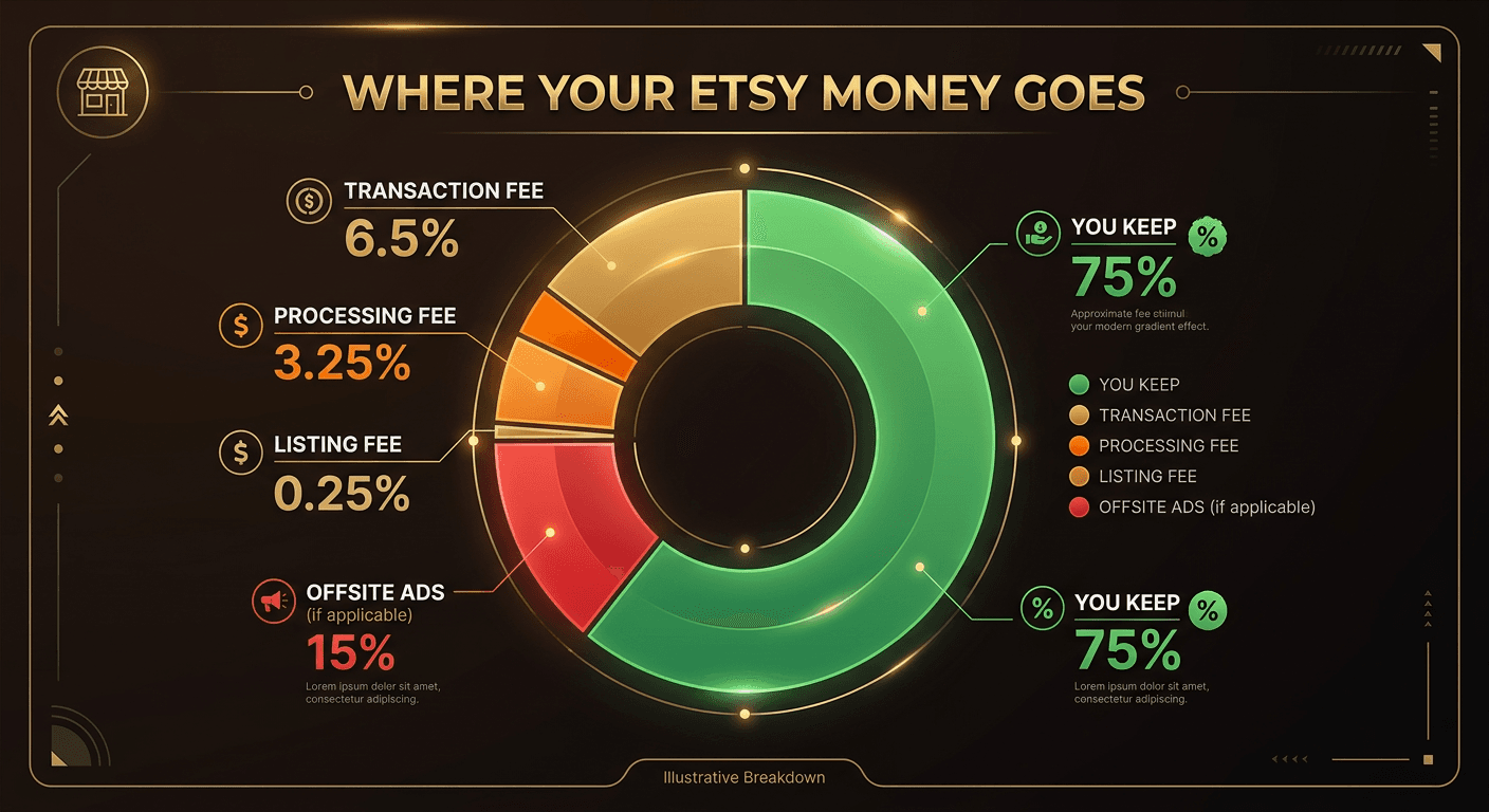 Pie chart showing the proportion of each Etsy fee on a $30 sale — transaction fee, payment processing, listing fee, and offsite ads