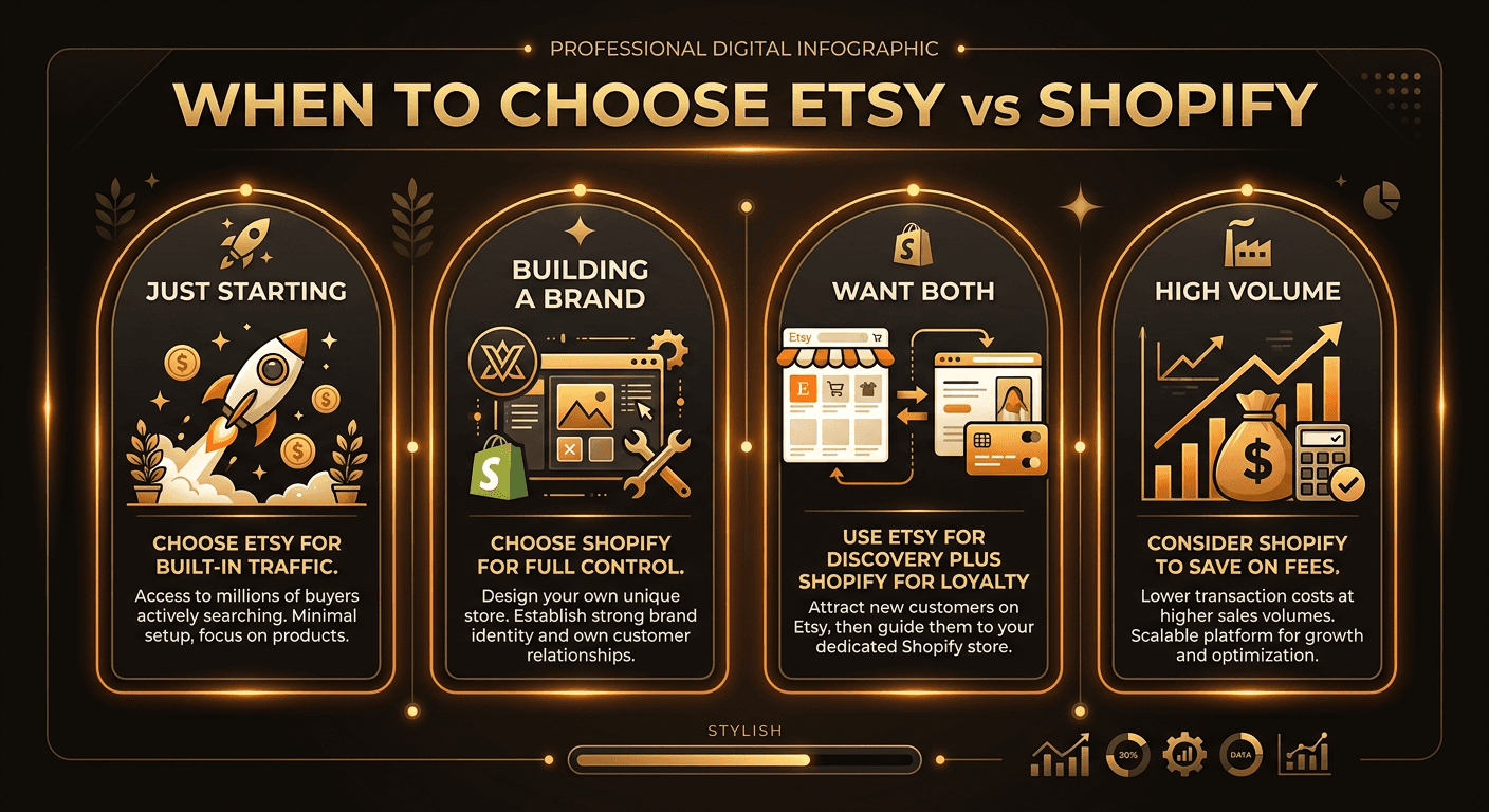 Decision flowchart showing when to choose Etsy vs Shopify based on seller goals and experience level