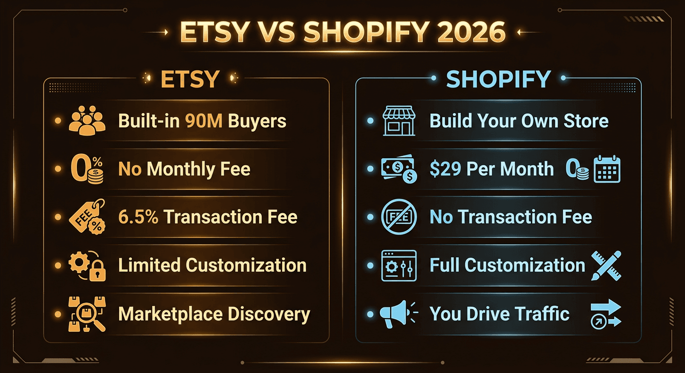 Side-by-side comparison of Etsy and Shopify platforms for sellers in 2026