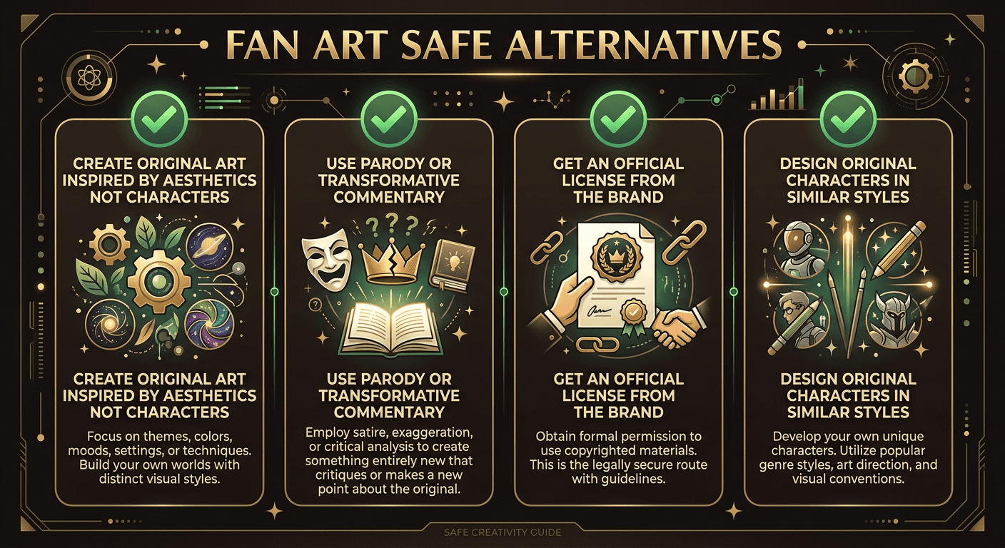 Chart showing four safe alternatives to fan art on Etsy: original characters in similar styles, genre-inspired art with no character references, public domain and mythology, and officially licensed collaborations