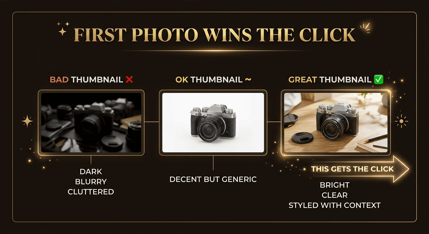 Comparison showing how Etsy search results display product thumbnails, highlighting how the first listing photo acts as the primary driver of clicks