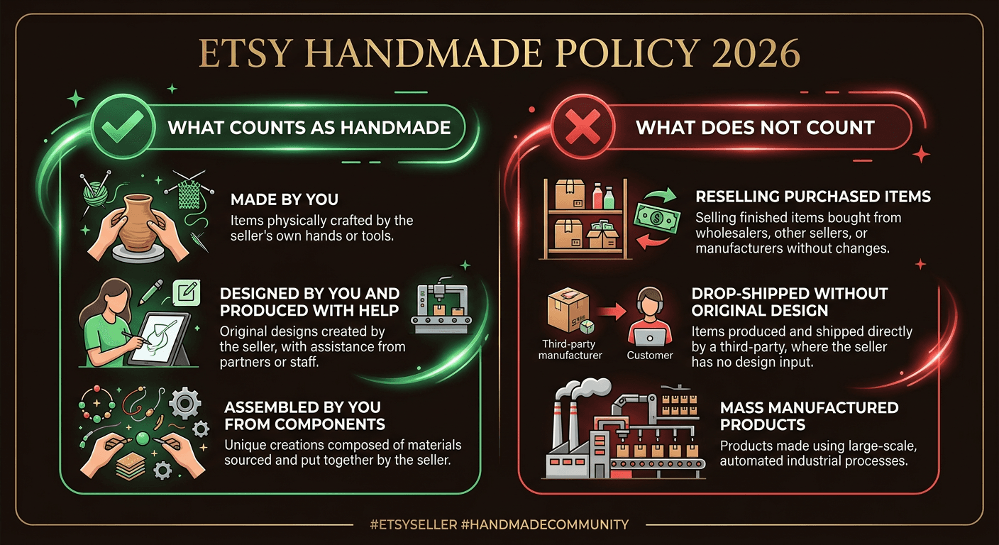 Illustration showing the spectrum of Etsy handmade products from fully hand-crafted to production partner assisted items