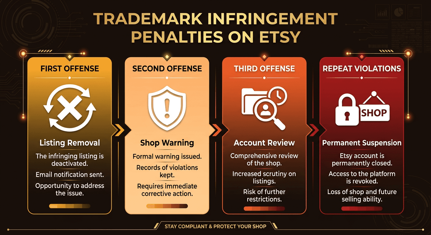 Escalation diagram showing Etsy's penalty path: First offense leads to listing removal, second offense adds a formal warning, third offense triggers account review, and repeat violations result in permanent suspension