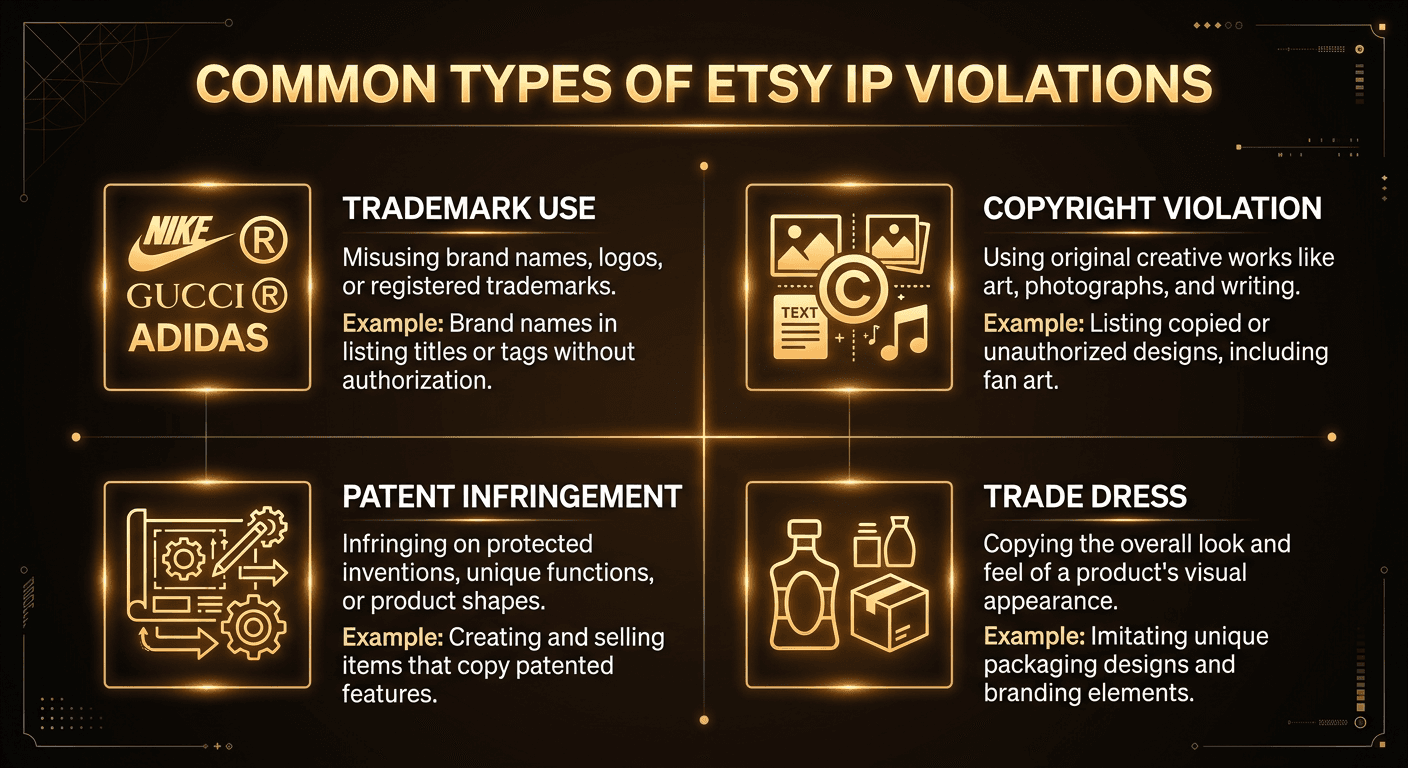 Infographic showing the four types of IP violations on Etsy: Trademark (brand names and logos), Copyright (original creative works), Patent (protected product designs), and Trade Dress (packaging and appearance)