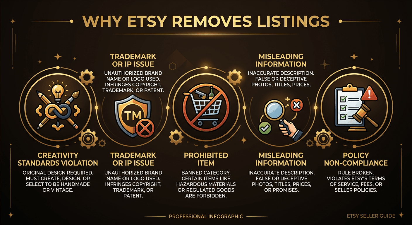 Infographic showing the 5 most common reasons Etsy removes listings: creativity standards violations, trademark and IP issues, prohibited items, misleading information, and policy non-compliance