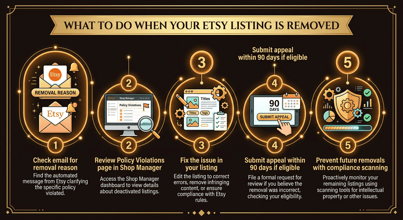 Step-by-step flowchart showing what to do when an Etsy listing is removed: read the notice, identify the issue, fix it, gather evidence, submit appeal, and prevent recurrence