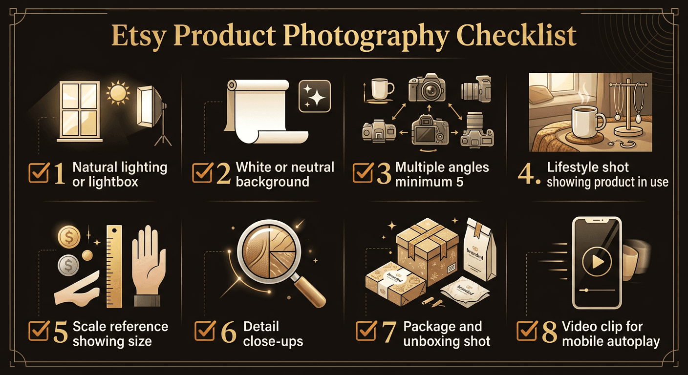 Visual checklist showing the 8 essential Etsy product photo types: hero shot, angles, lifestyle, scale reference, close-ups, packaging, text overlay, and video