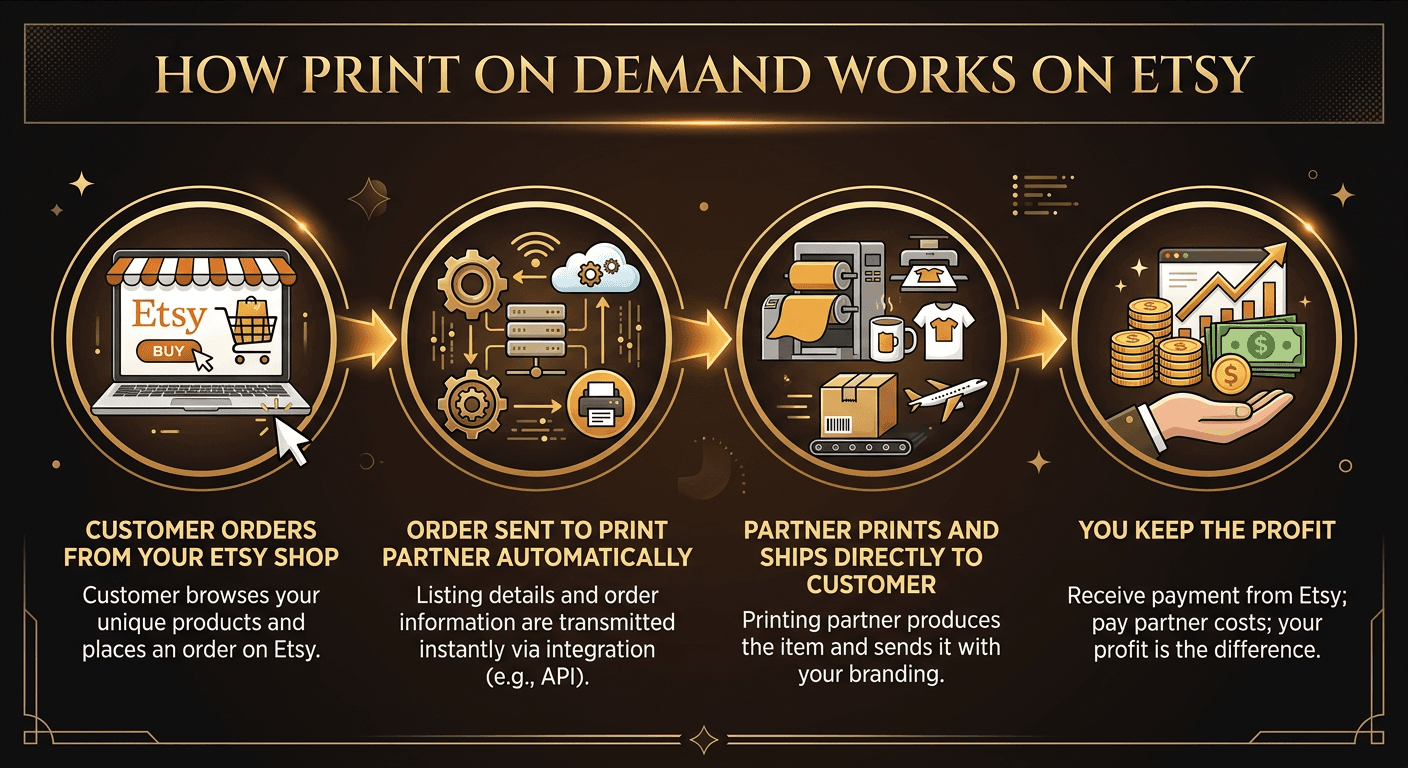 Diagram showing the 4-step print on demand process: customer orders, order sent to printer, partner prints and ships, seller profits