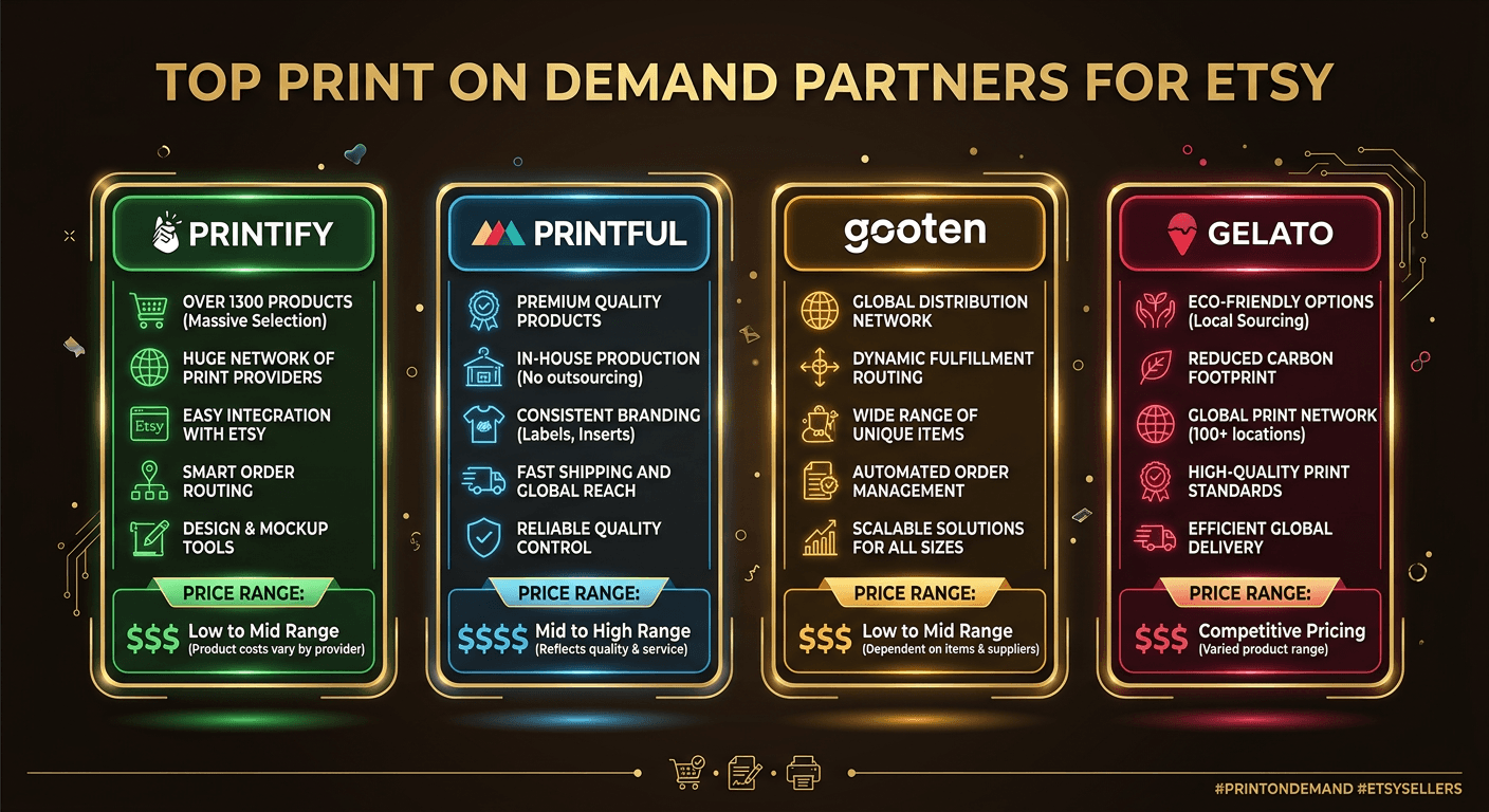 Comparison chart of top print on demand partners: Printify, Printful, Gooten, and Gelato