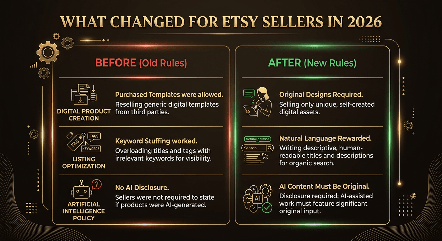 Before and after comparison of Etsy creativity standards showing old rules versus new 2026 requirements