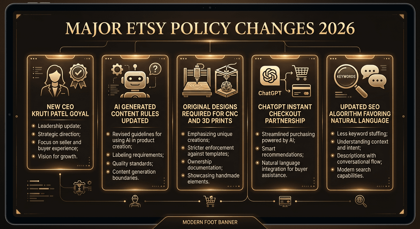 Overview of major Etsy policy changes in 2026 including new CEO, creativity standards, AI rules, and ChatGPT checkout