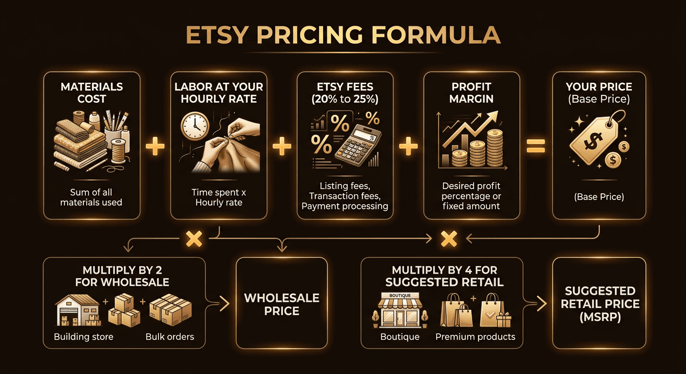 Etsy pricing strategy formula showing materials plus labor times markup equals profitable retail price