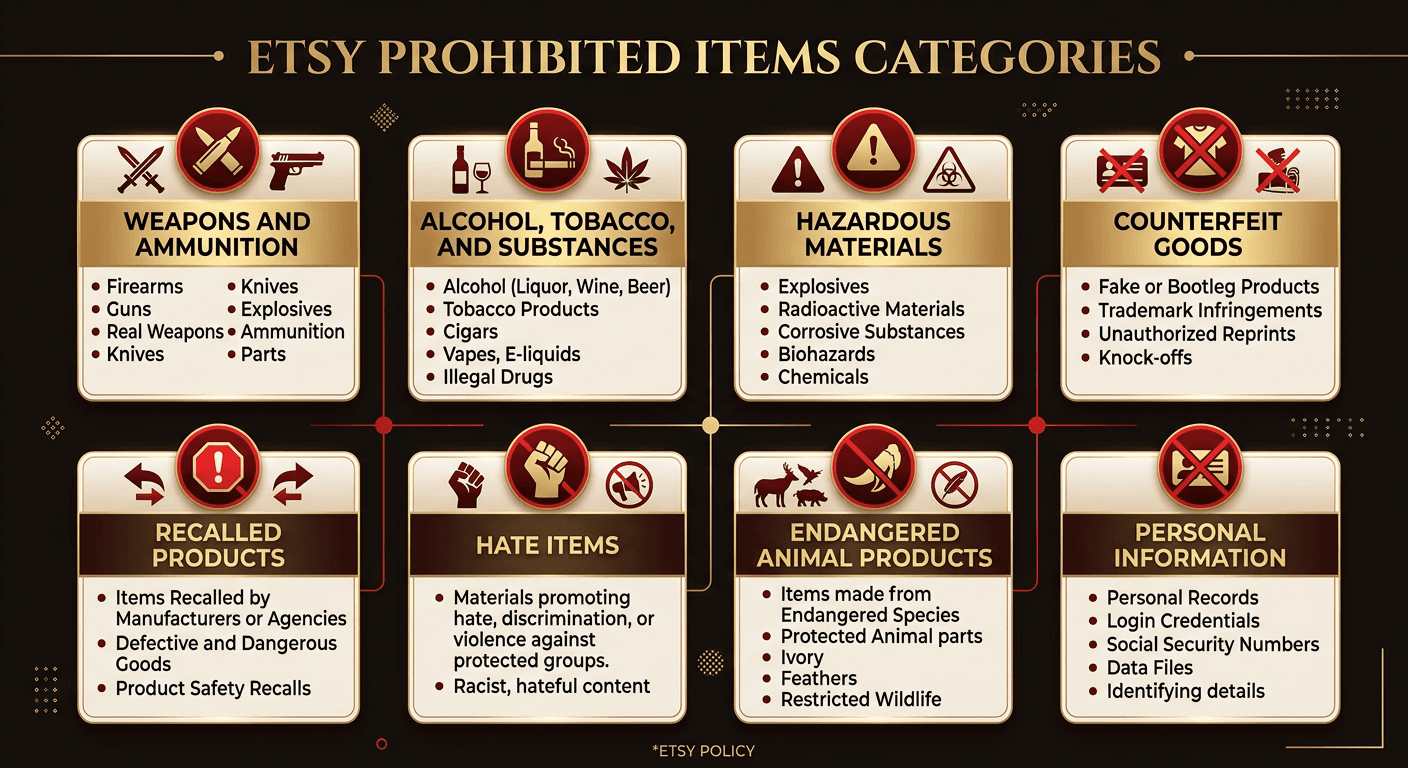 Etsy prohibited items categories overview showing 8 banned product types