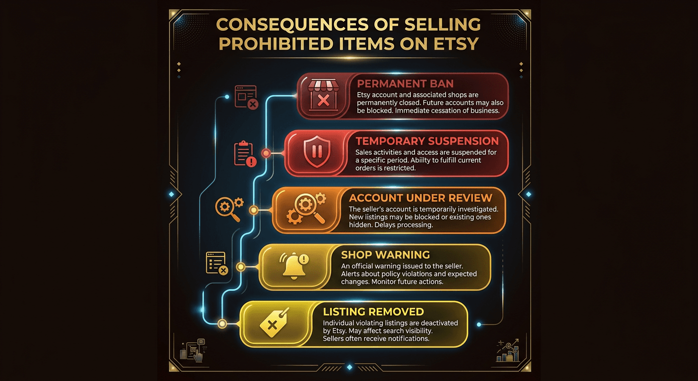 Etsy enforcement escalation from listing removal to permanent ban