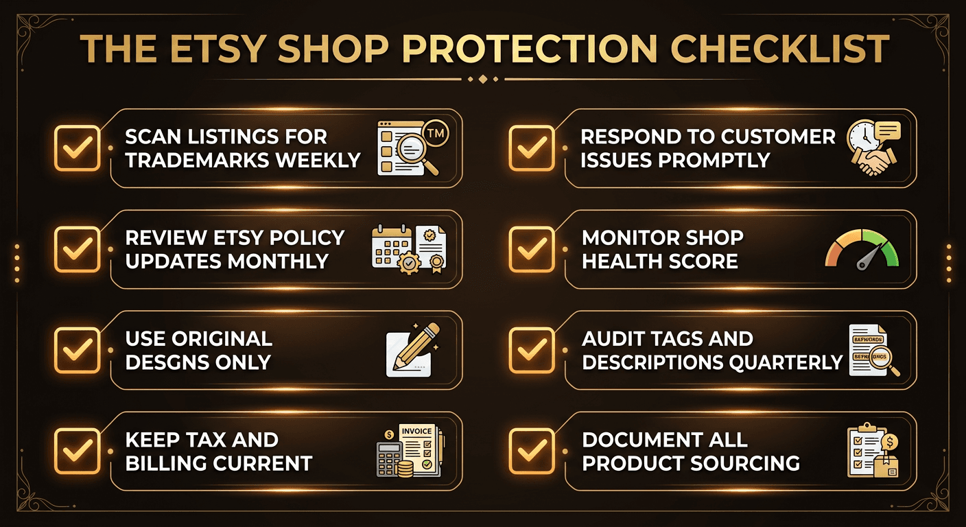 Etsy shop protection checklist showing 8 key areas to monitor for compliance