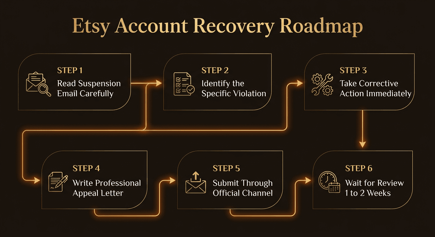 6-step Etsy account recovery roadmap: 1. Read Suspension Email, 2. Identify the Violation, 3. Take Corrective Action, 4. Write Your Appeal, 5. Submit Through Proper Channel, 6. Wait and Follow Up