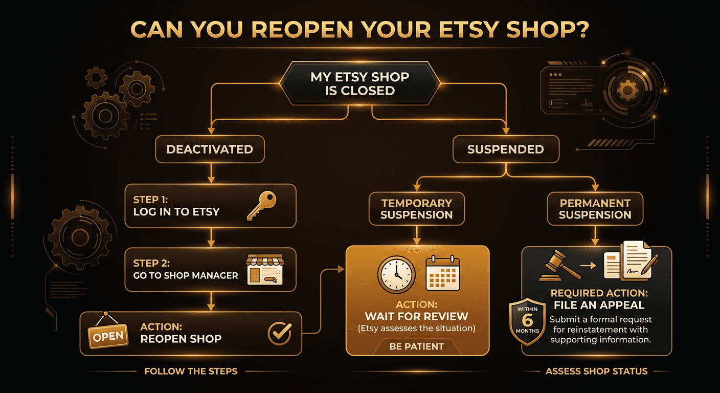 Decision tree flowchart: Did you close the shop yourself? If yes, it's deactivated — reopen in Shop Manager. If no, did you receive a suspension email from Etsy? If yes, it's suspended — file an appeal. If unsure, check Shop Manager for a Reopen button.