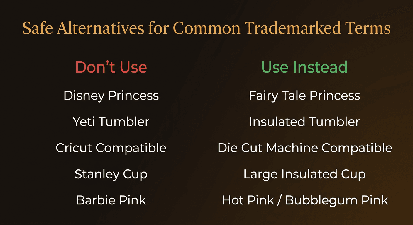 Visual guide showing trademarked words on the left with arrows pointing to safe alternative phrases on the right
