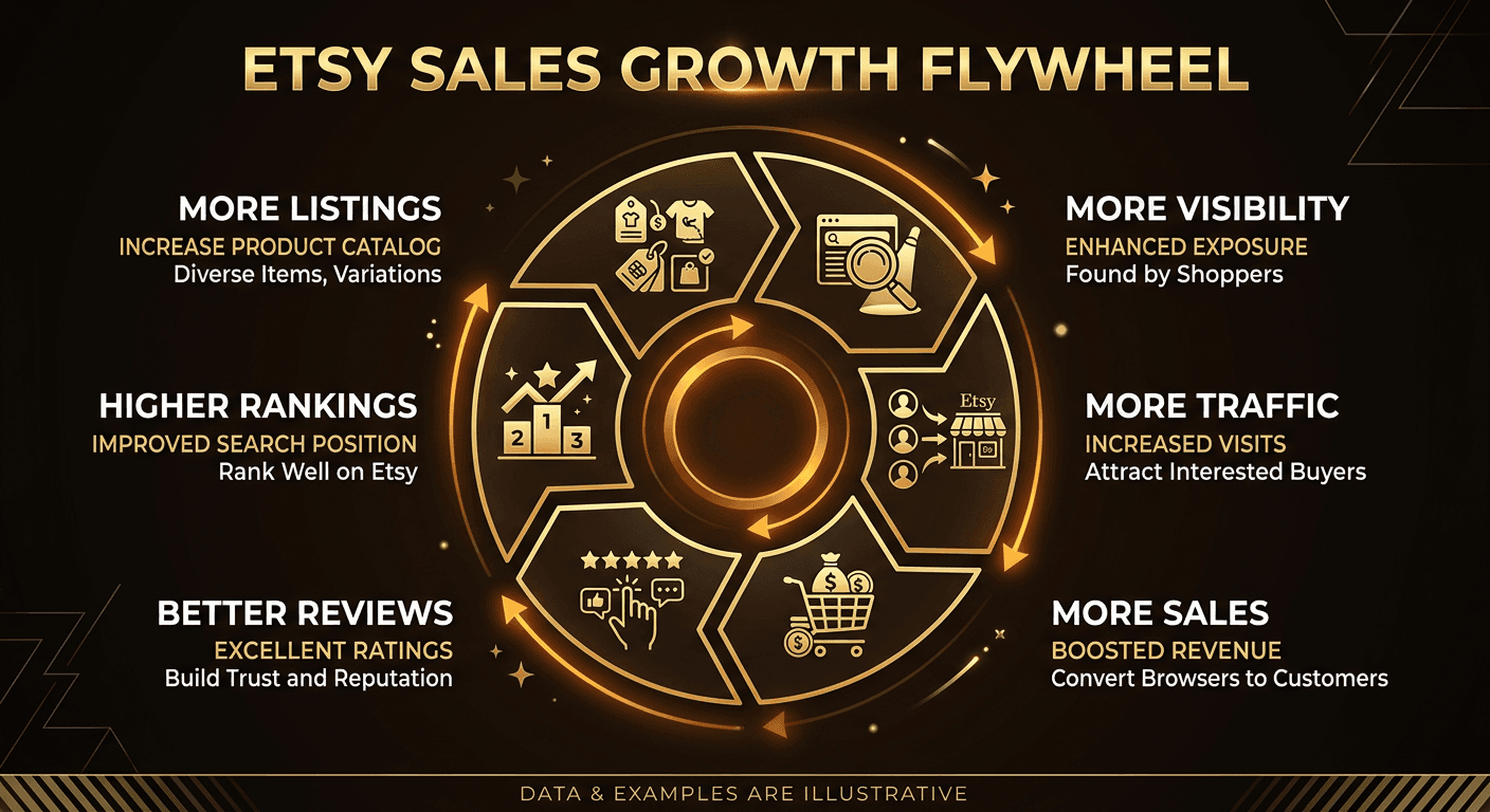 Etsy sales growth flywheel showing how SEO, photos, sales, reviews, and trust compound on each other