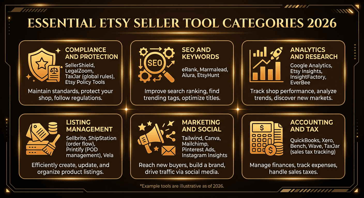 Six categories of Etsy seller tools: Compliance, SEO, Analytics, Listing Management, Marketing, and Accounting