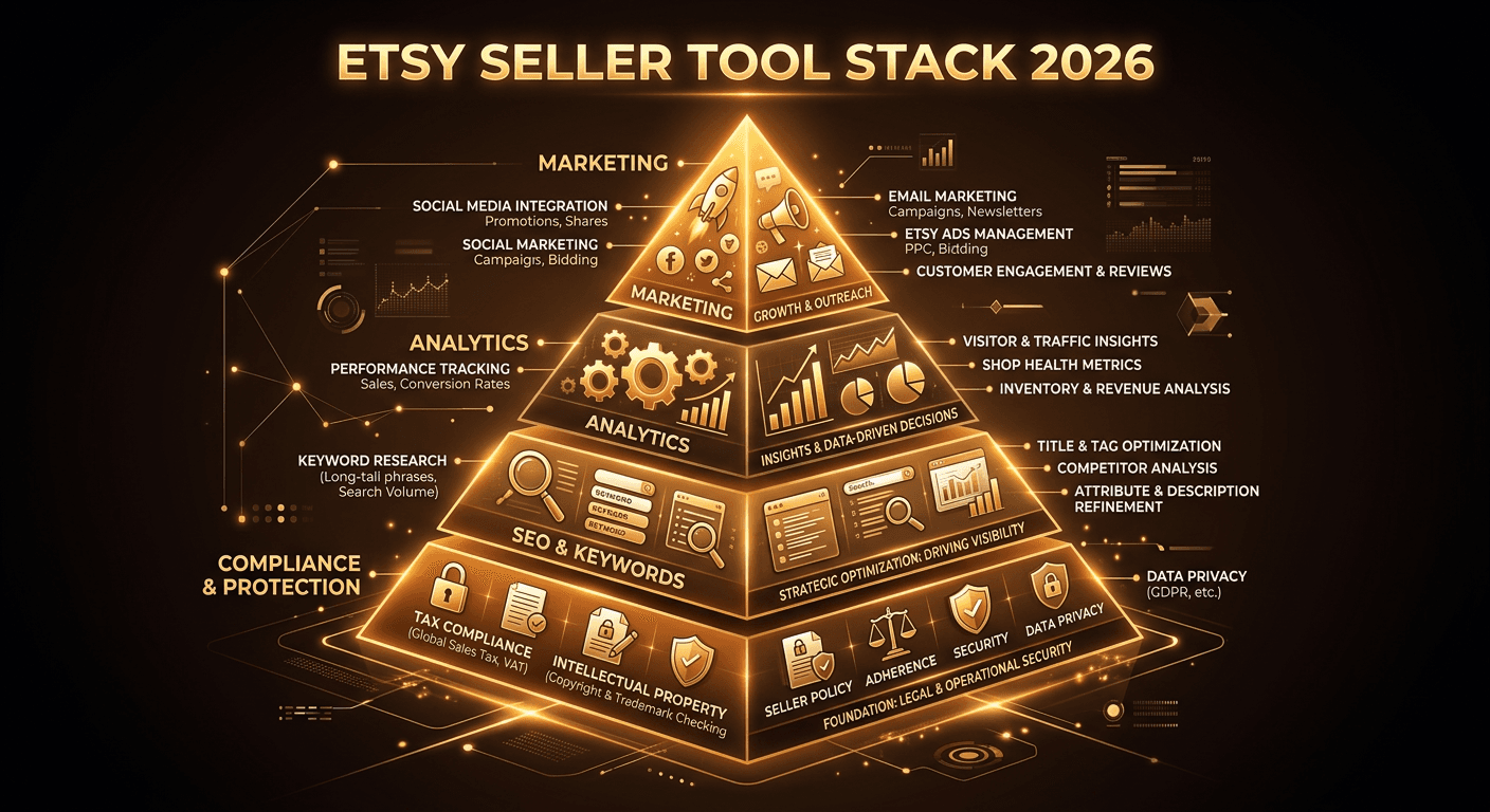 Three recommended Etsy seller tool stacks: Starter, Growth, and Pro levels with monthly costs