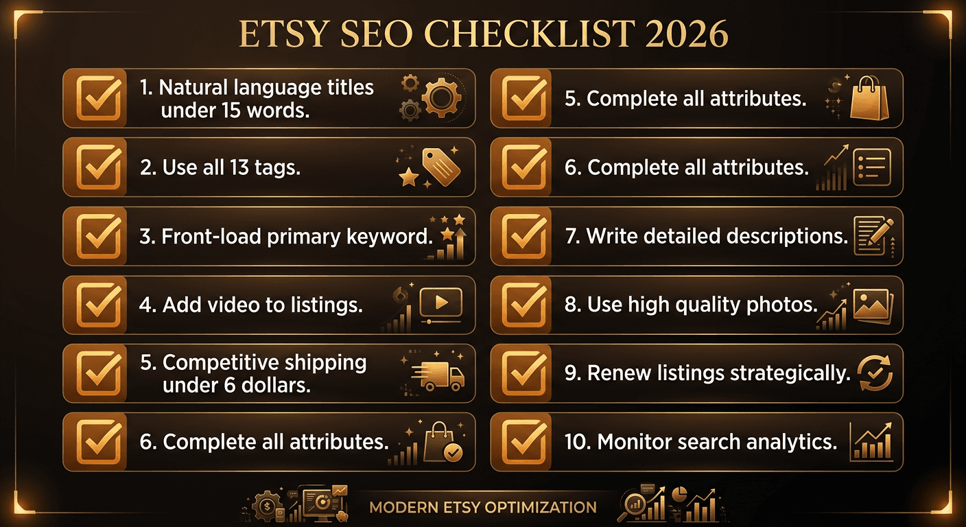 SEO optimization checklist showing key actions for improving Etsy listing visibility including title, tags, photos, video, descriptions, and shipping