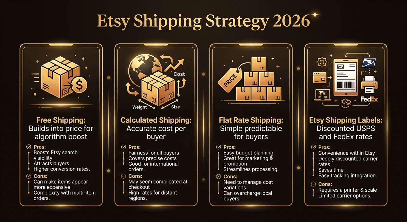 Comparison of four Etsy shipping strategies: free shipping, calculated shipping, flat rate, and Etsy shipping labels showing pros and cons of each