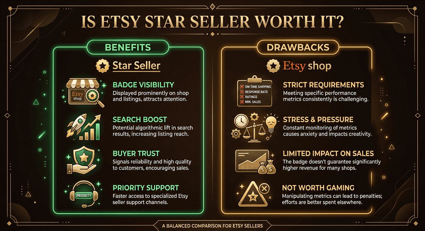 Pros and cons of Etsy Star Seller badge showing the benefits and drawbacks for sellers