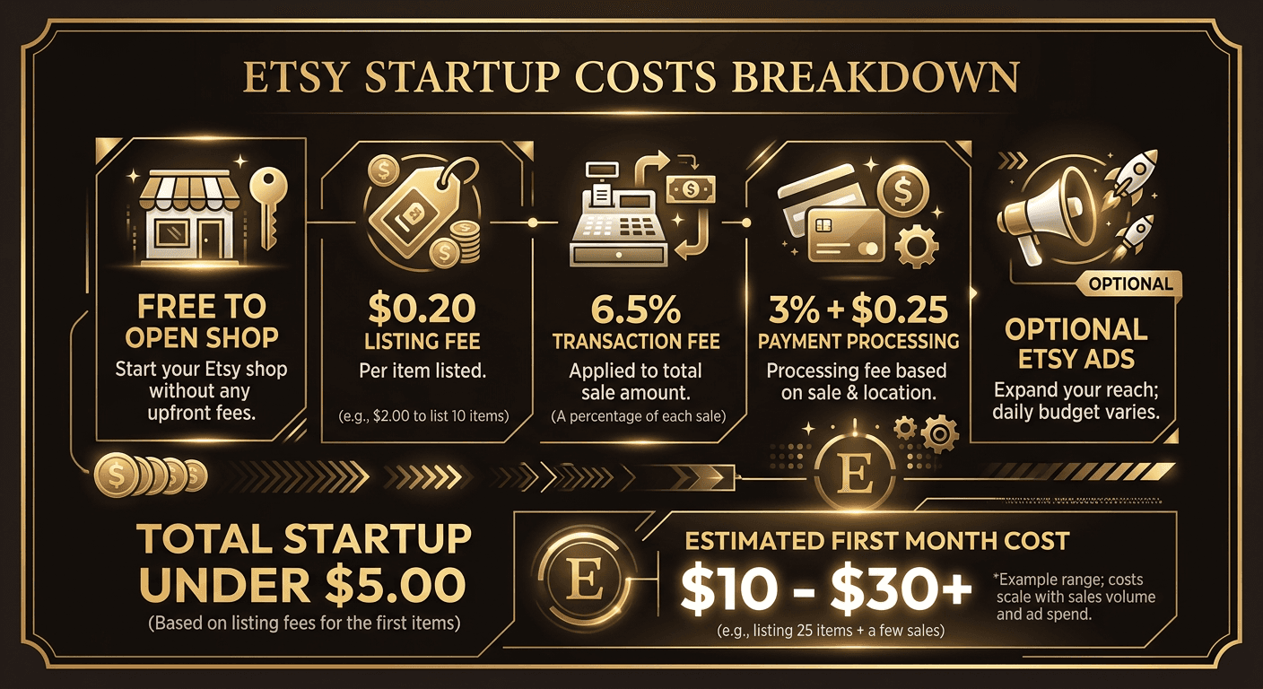 Etsy startup costs breakdown showing listing fees, transaction fees, and payment processing fees
