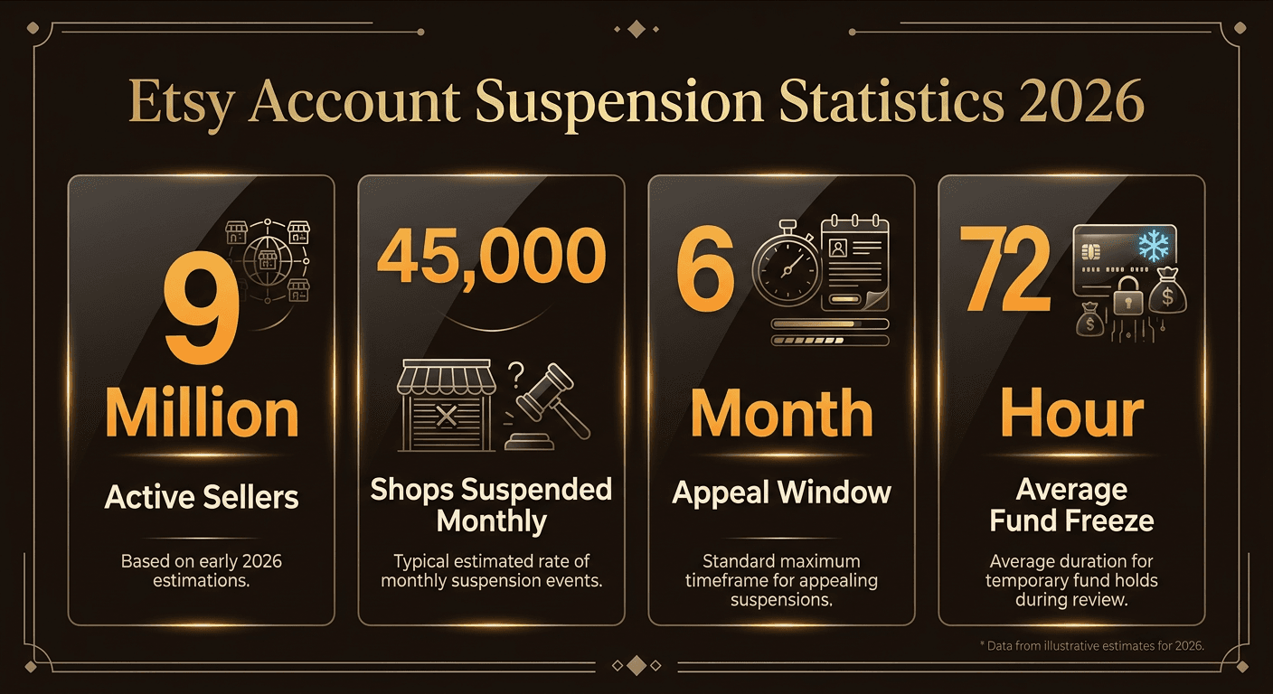 Infographic showing Etsy suspension statistics: Trademark/IP Violations 40%, Policy Violations 25%, Unpaid Fees 15%, Customer Complaints 12%, Counterfeit Claims 8%