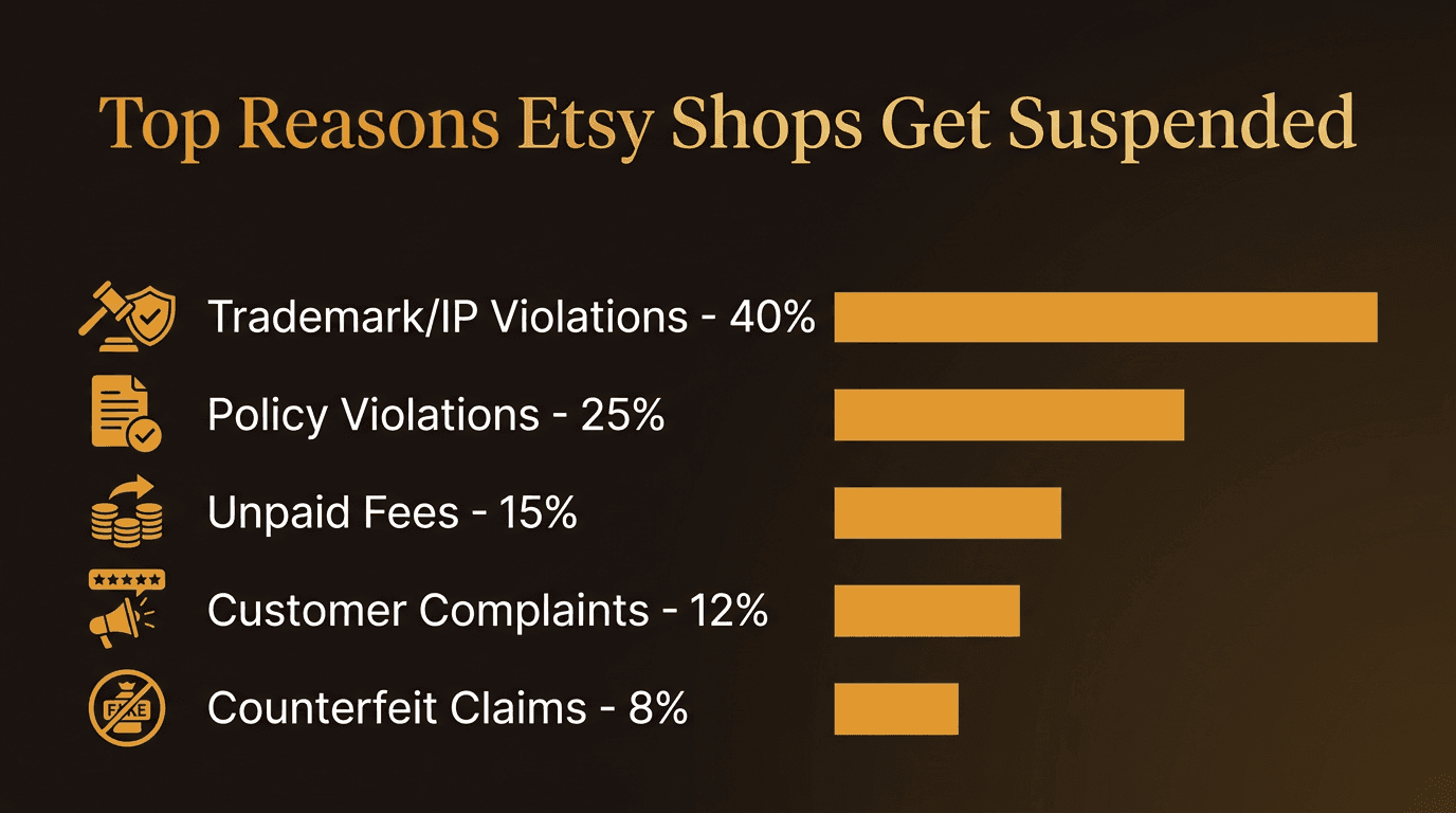 Infographic showing top reasons Etsy shops get suspended: Trademark/IP Violations 40%, Policy Violations 25%, Unpaid Fees 15%, Customer Complaints 12%, Counterfeit Claims 8%