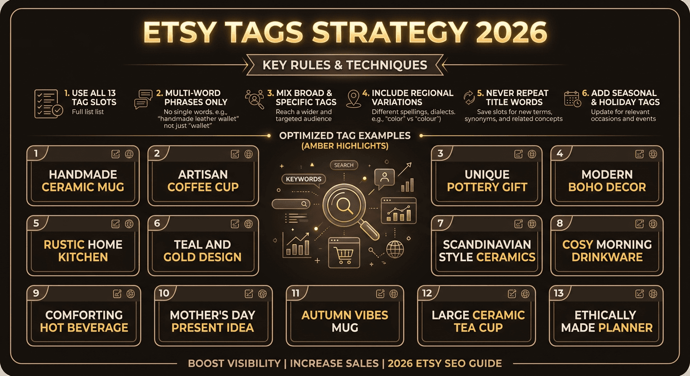 Etsy tag strategy showing all 13 tag slots filled with multi-word keyword phrases
